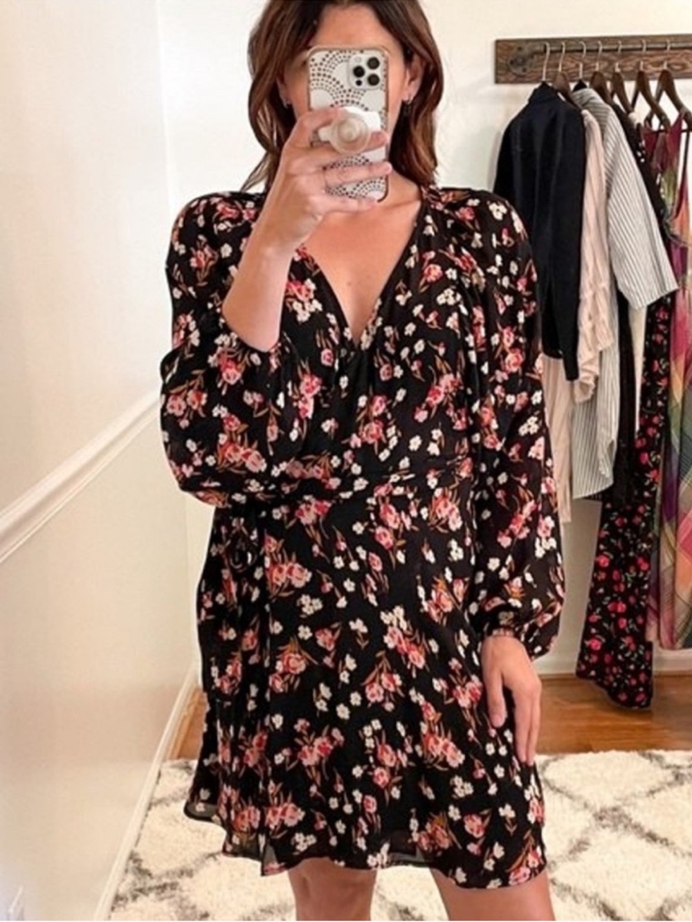 A.L.C Carlo Silk Wrap Dress Black Pink Floral Long Sleeve V-Neck Tie Waist Mini - Picture 1 of 8